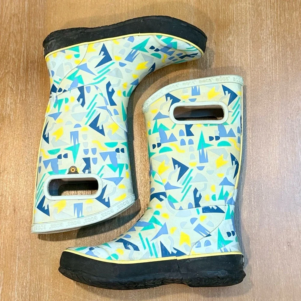 Bogs Kids Rain Boots Sparse Geo Blue Multi Waterproof Pull-On‎ Handles Sz 3
